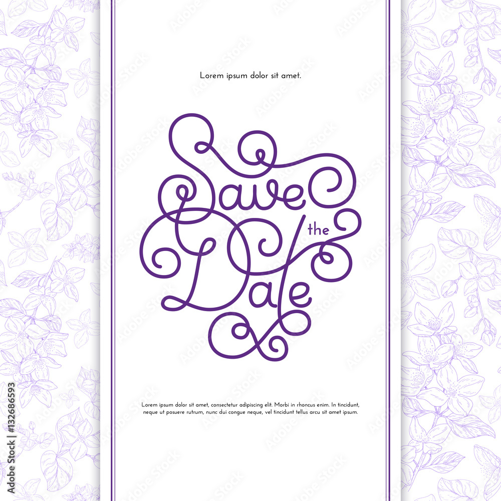 Holiday gift card with hand lettering Save the Date and bloom silhouette Holiday gift card with hand lettering Save the Date and bloom silhouette