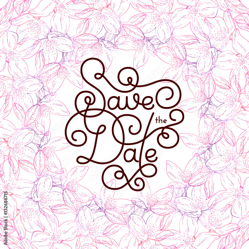 Holiday gift card with hand lettering Save the Date and bloom silhouette Holiday gift card with hand lettering Save the Date and bloom silhouette
