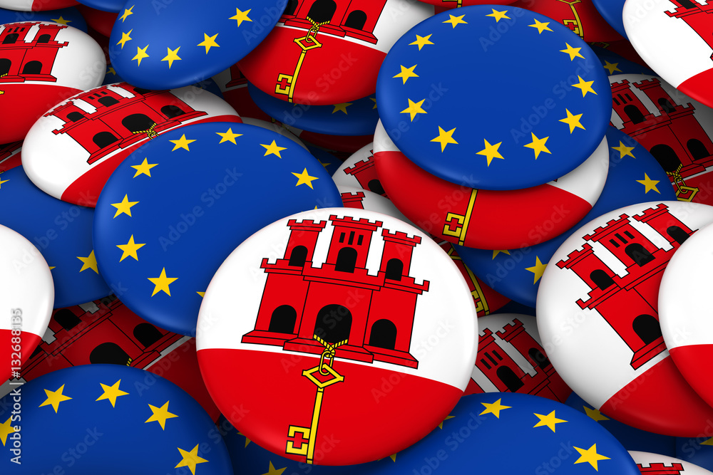 Gibraltar and Europe Badges Background - Pile of Gibraltan and European Flag Buttons 3D Illustration