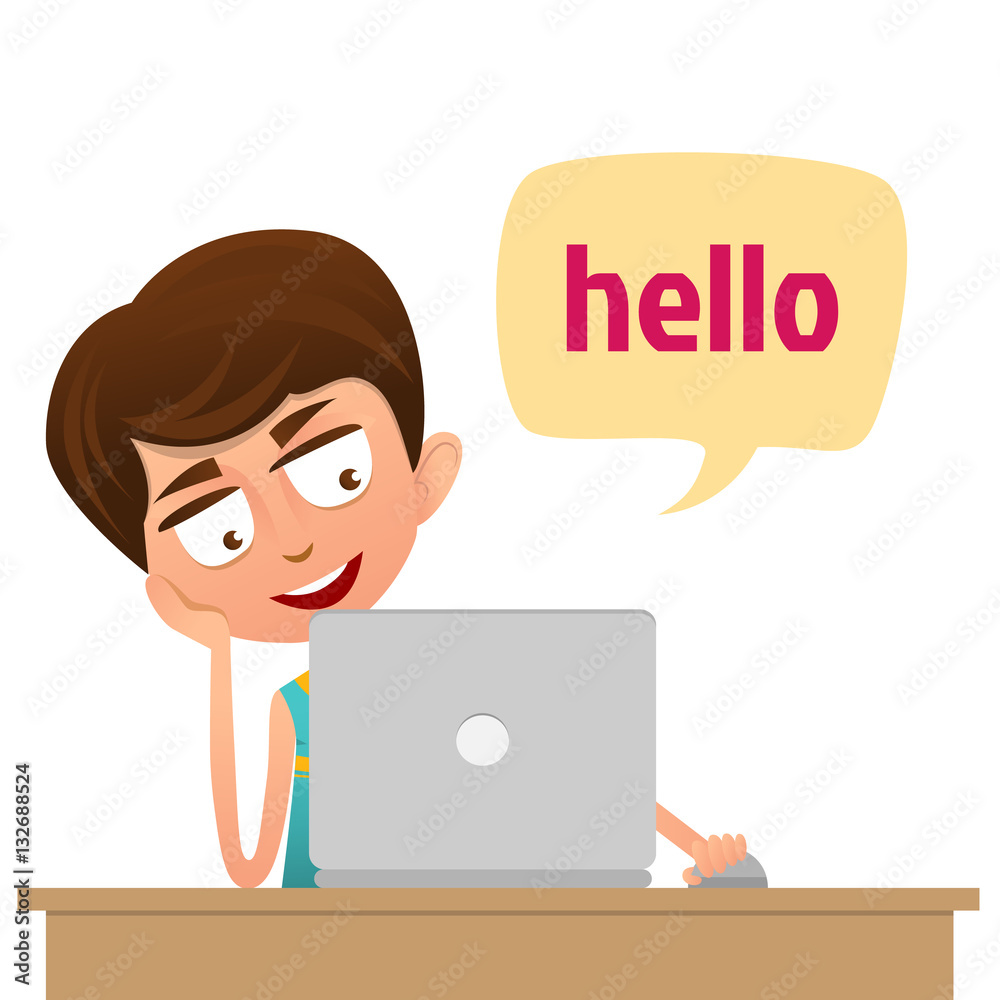 Cute Boy teenager sitting in front of computer. Social Network Concept. Flat Style.Speech bubbles Hello. Cute Boy teenager sitting in front of computer. Social Network Concept. Flat Style.Speech bubbles Hello.