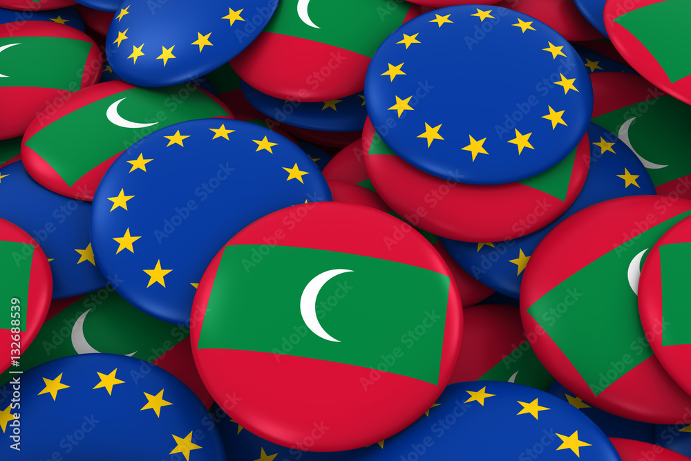 Maldives and Europe Badges Background - Pile of Maldivian and European Flag Buttons 3D Illustration Maldives and Europe Badges Background - Pile of Maldivian and European Flag Buttons 3D Illustration