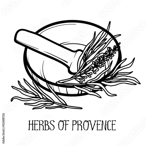 Mortar and pestle. Linear logo illustration. Cooking utensils. To prepare the seasoning. Herbs of Provence. Rosemary and lavender.