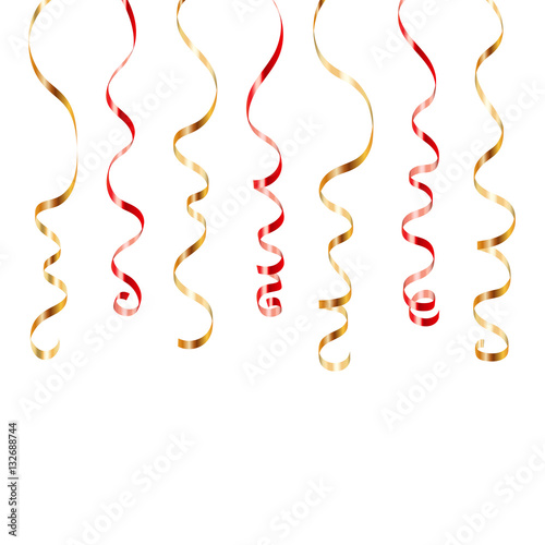 Red curly ribbons. Serpentine on black background. Colorful streamers.  Design decoration party, birthday, Christmas, New Year celebration,  anniversary, carnival Vector illustration Stock Vector
