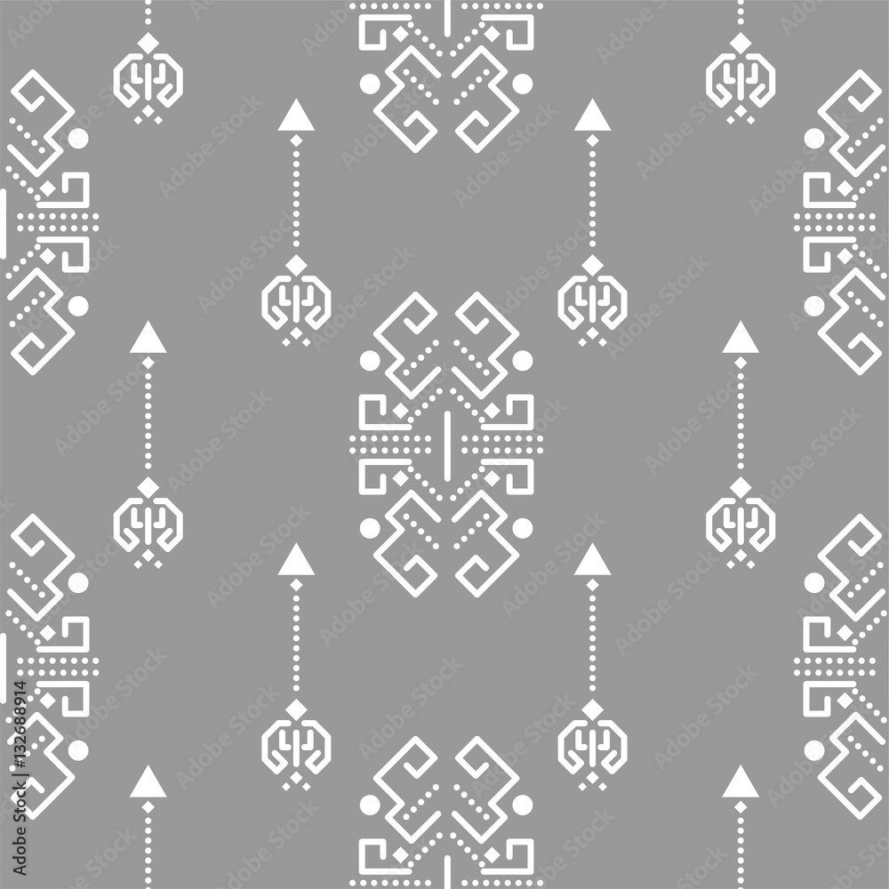 Ethnic tribal ornament seamless vector pattern. White and gray tileable aztec background.