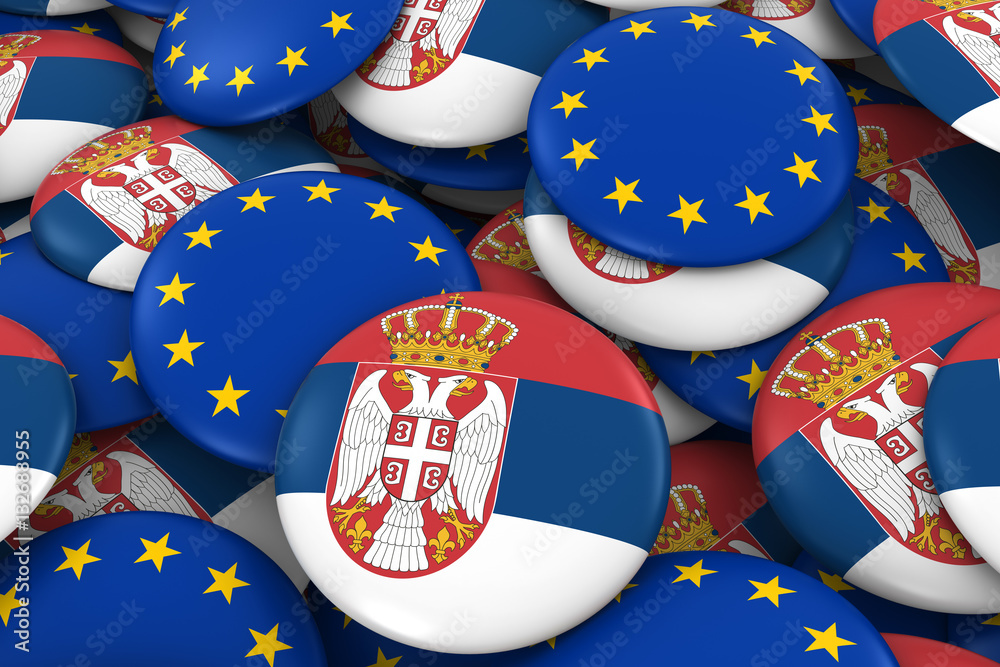 Serbia and Europe Badges Background - Pile of Serbian and European Flag Buttons 3D Illustration