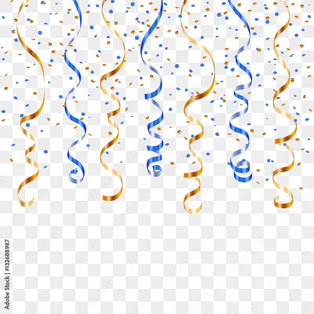 Gold blue ribbon confetti. Golden serpentine on transparent background