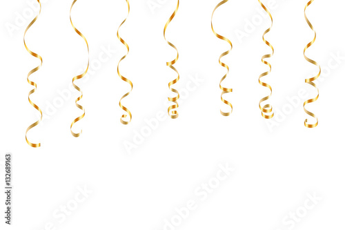 Gold curly ribbons. Golden serpentine on white background. Colorful streamers. Design decoration party, birthday, Christmas, New Year celebration, anniversary, carnival Vector illustration