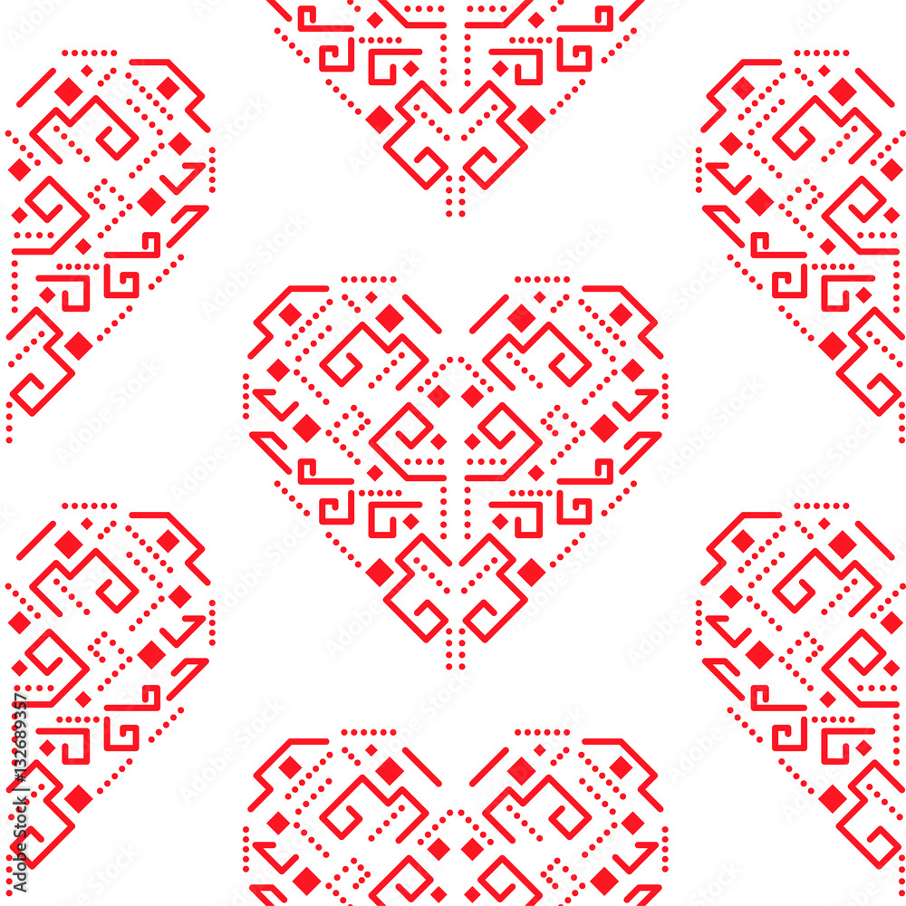 Navajo heart shape ornament seamless vector pattern. White and red tileable aztec valentine background. Navajo heart shape ornament seamless vector pattern. White and red tileable aztec valentine background.