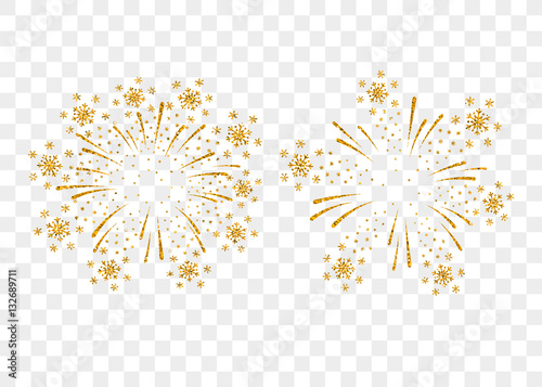 Fireworks gold set isolated. Beautiful golden firework on background. Bright decoration Christmas card, Happy New Year celebration, anniversary, festival. Flat design Vector illustration