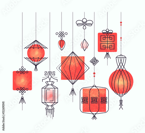 Vector set of asian street and holiday lanterns, chinese decorat