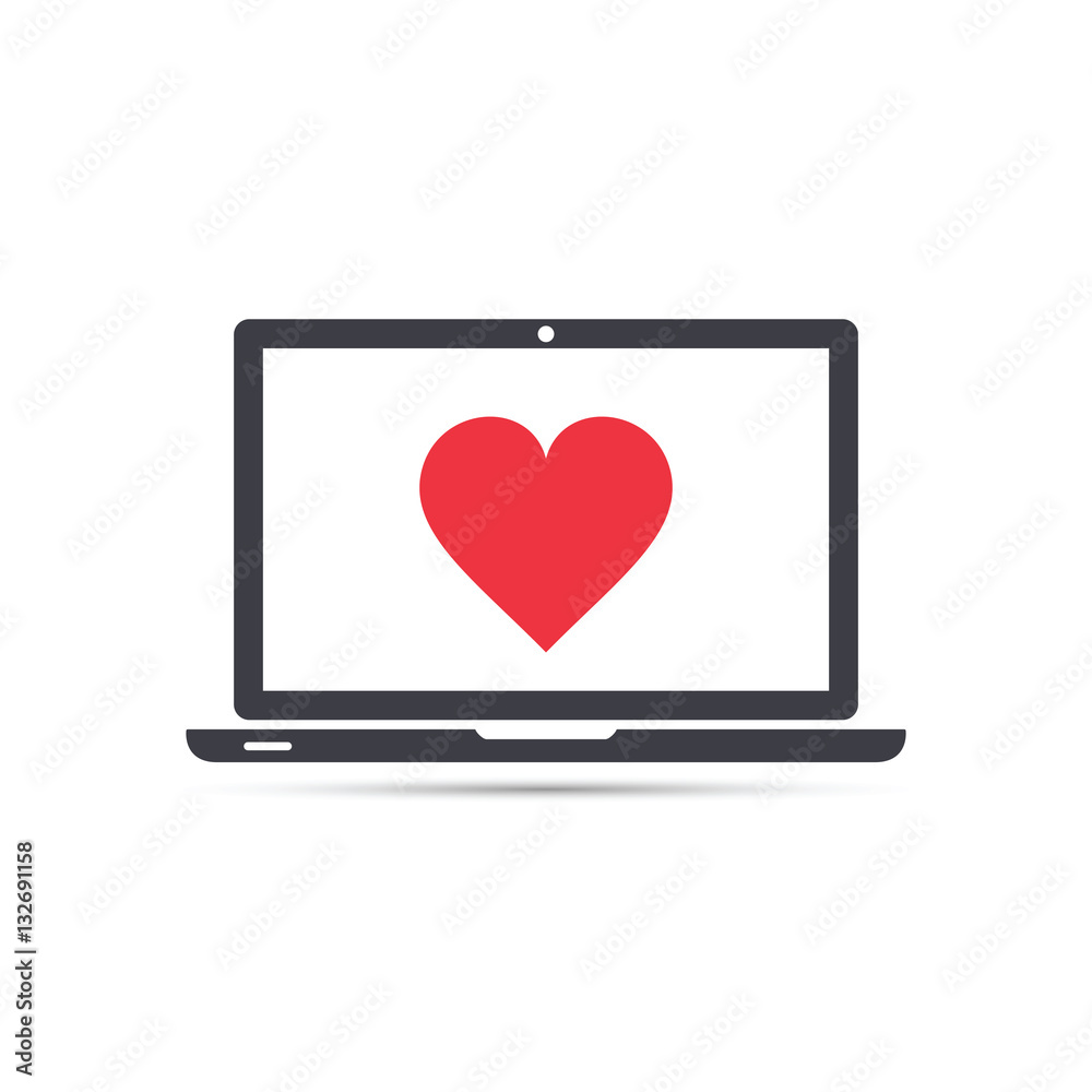 Laptop with heart icon in flat style, vector Laptop with heart icon in flat style, vector