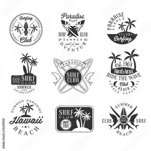 Summer Vacation In Hawaii Black And White Sign Design Templates With Text And Tools Silhouettes