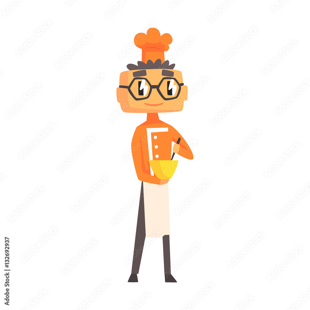 Professional Cook In Glasses In Classic Double Breasted Orange Jacket And Toque Mixing Sauce In Bowl