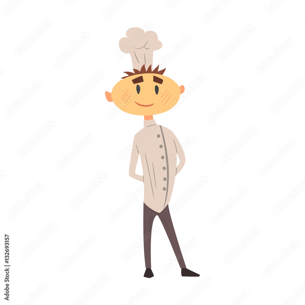 Professional Cook In Classic Double Breasted White Jacket And Toque Standing Proud