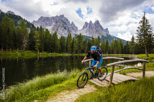 Mountain biking in the Dolomites, Misurina, Italy. Tre Cime di L