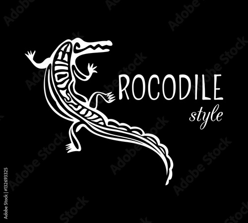 Crocodile Style logo. Outline alligator icon. White animal silhouette isolated on black background. Abstract design element. Vector illustration