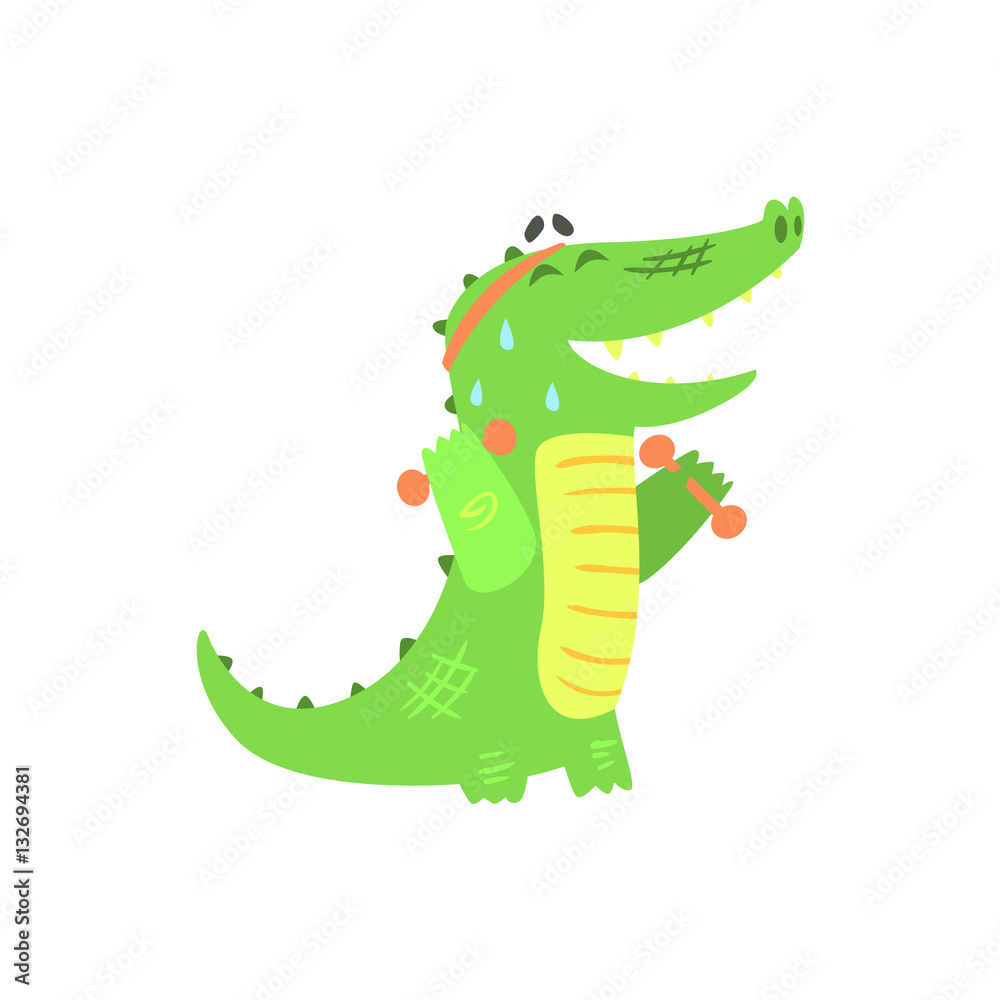 Obraz premium Crocodile With Dumbbells Exercising In Gym, Humanized Green Reptile Animal Character Every Day Activity