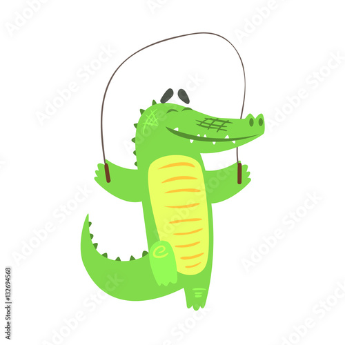 Crocodile Jumping Skipping Rope, Humanized Green Reptile Animal Character Every Day Activity