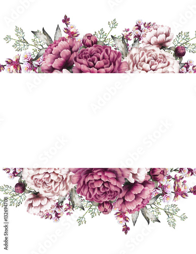 Fototapeta Naklejka Na Ścianę i Meble -  Card, Watercolor wedding invitation design with pink, purple peonies, bud, little flowers and leaves. Hand painted floral background for your text. Template. Frame.