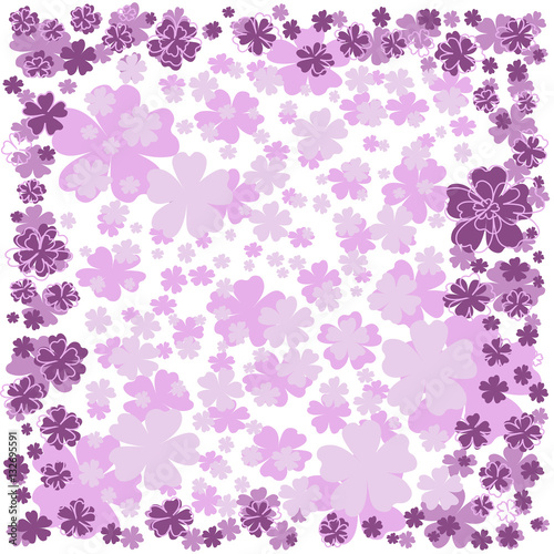 Floral frame with  pink and purple flowers on white background
