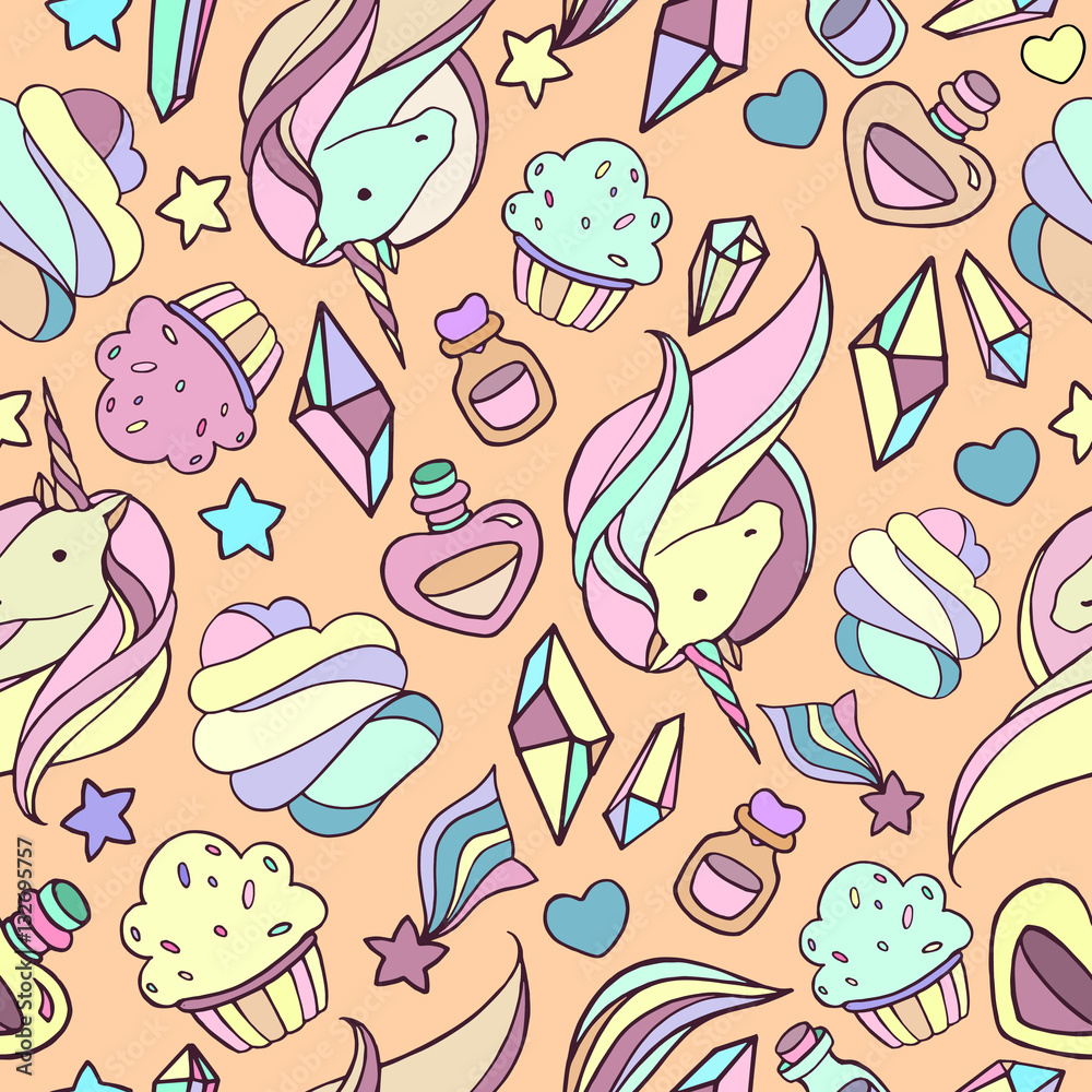 Seamless pattern with unicorns and magic items. Seamless pattern with unicorns and magic items.