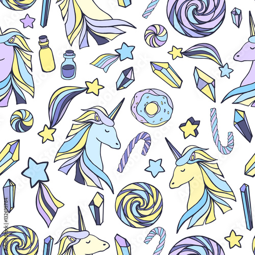 Seamless pattern with unicorns and magic items.