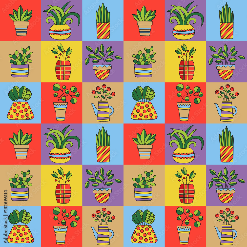 Houseplant flower in pot plant doodle seamless vector pattern Houseplant flower in pot plant doodle seamless vector pattern