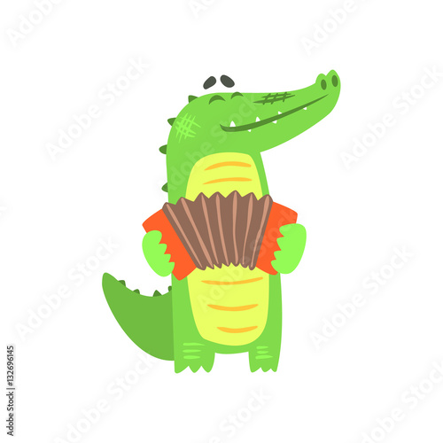 Crocodile Playing Accordion, Humanized Green Reptile Animal Character Every Day Activity