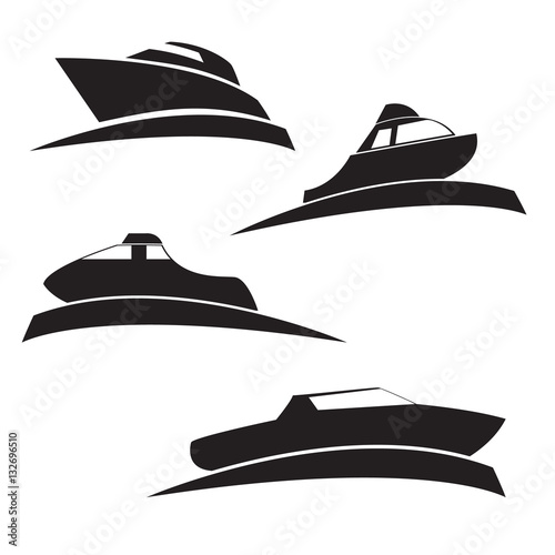Vector a set of silhouettes of motor boats on water in flat style. Elements of design of logos, booklets, infographics, icons of games.