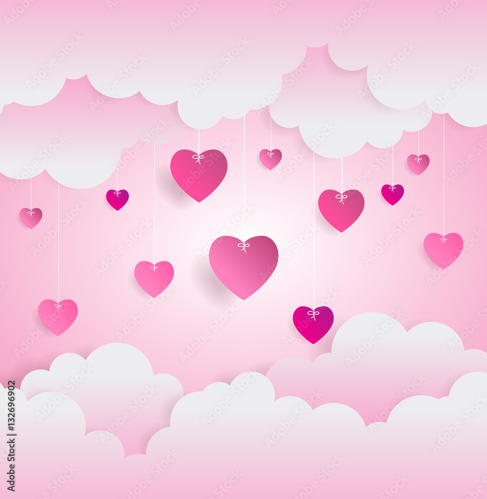 happy valentine day,heart shape float on sky, Paper art style.