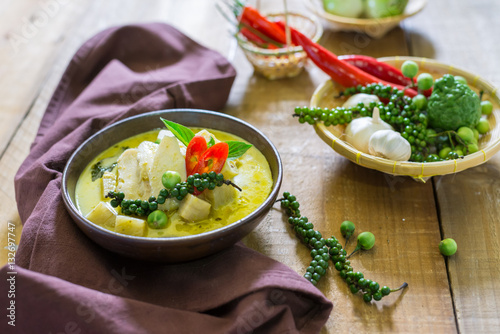 spicy hot chicken green curry with coconut milk soup