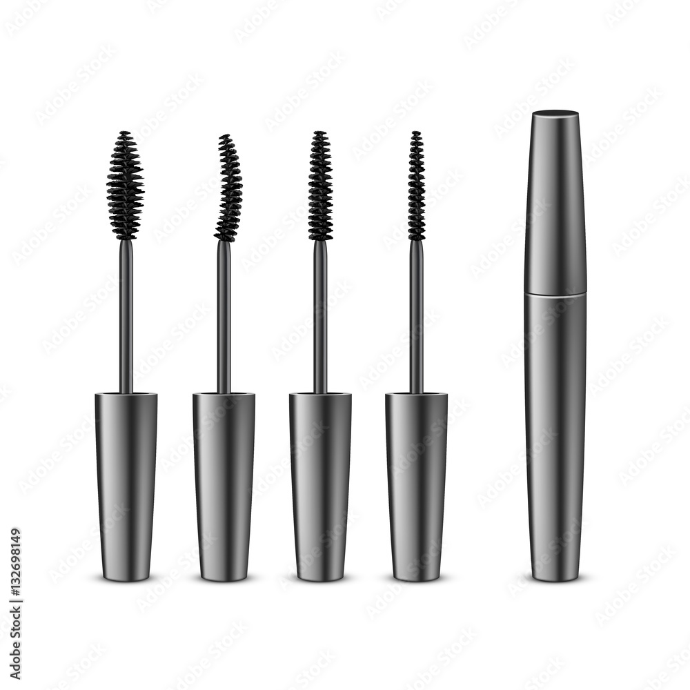 Vector Set of Opened Closed Black Realistic Mascara in Dark Shiny Tube with Different Brushes Isolated on White Background Vector Set of Opened Closed Black Realistic Mascara in Dark Shiny Tube with Different Brushes Isolated on White Background
