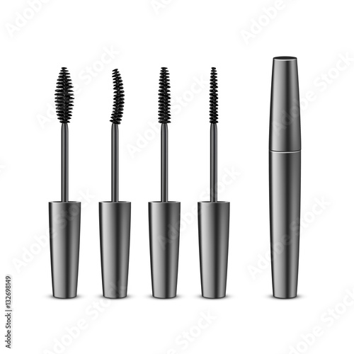 Vector Set of Opened Closed Black Realistic Mascara in Dark Shiny Tube with Different Brushes Isolated on White Background