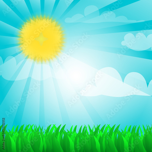 Vector illustrated sunny background with sun and grass.