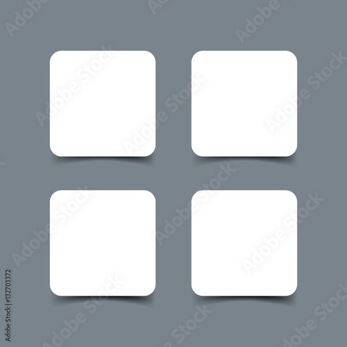 Web square banners with round corners and shadow set isolated on dark gray background. White paper cards template. Realistic vector mock up