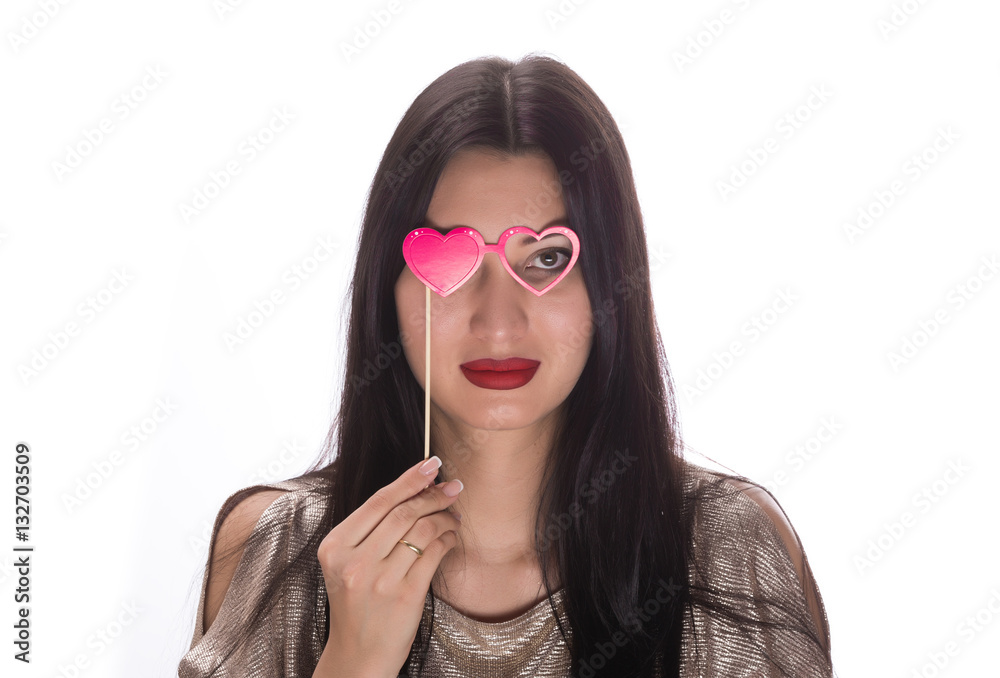 portrait of a girl with paper glasses isolated on white background portrait of a girl with paper glasses isolated on white background