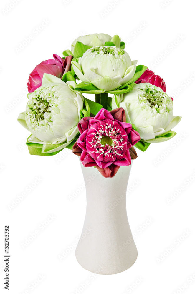 Obraz premium Bouquet of Pink Lotus in white vase.