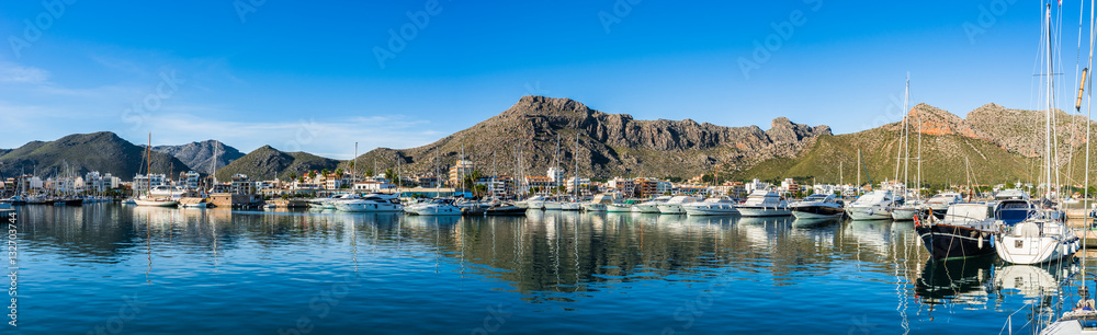 Idyllic Panorama view of Port de Pollenca, Spain Majorca Island