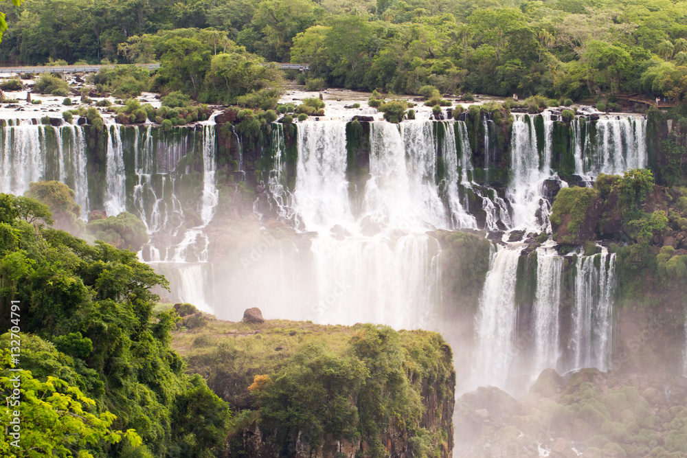View of the Iguazu (Iguacu) falls, the largest series of waterfalls on the planet, located between Brazil, Argentina, and Paraguay with up to 275 separate waterfalls 