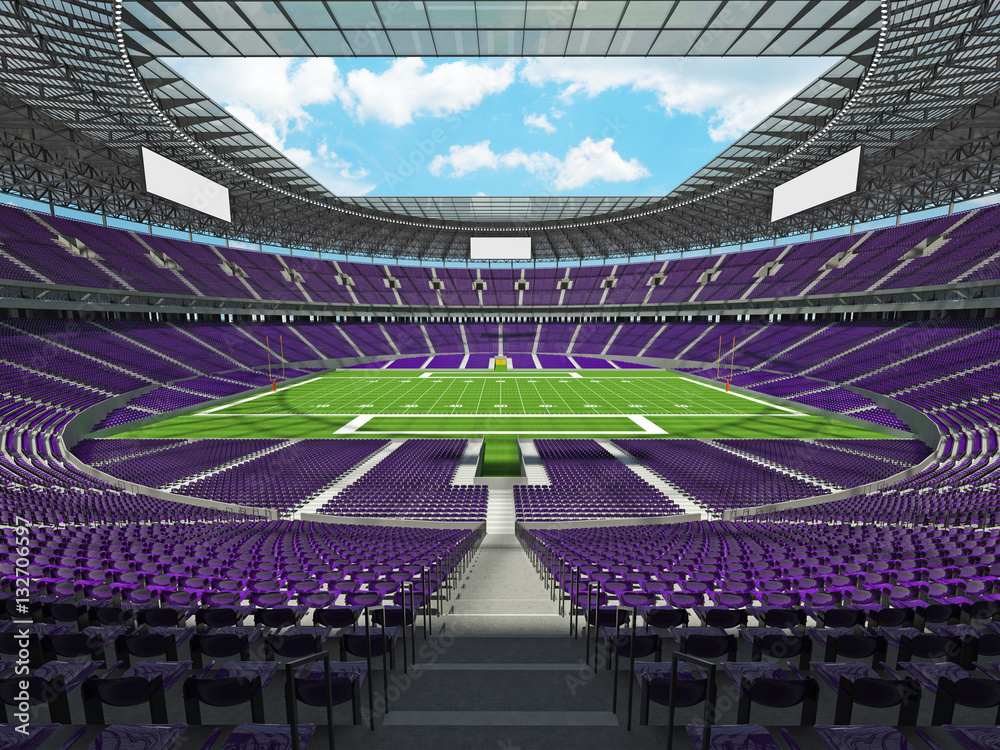 3D render of a round football stadium with purple seats for hundred thousand  fans