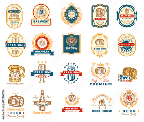Collection of retro beer emblems, badges, stickers