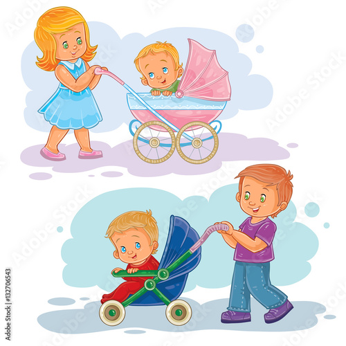 Set clip art illustrations older brother and sister wheeled baby carriage, stroller