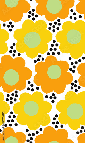 Ornamental, traditional, simple seamless pattern with flowers. Cute print with dot in scandinavian style.