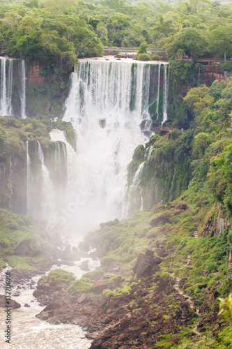 View of the Iguazu (Iguacu) falls, the largest series of waterfalls on the planet, located between Brazil, Argentina, and Paraguay. 