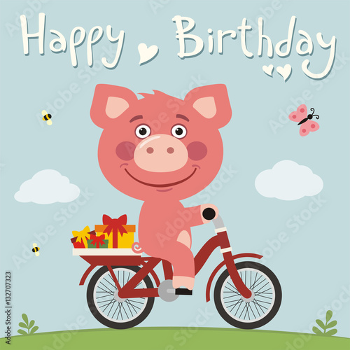 Happy birthday  Funny pig on bike with gifts. Birthday card with funny pig in cartoon style