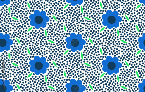 Ornamental, traditional, simple seamless pattern with flowers. Cute print with dot in scandinavian style.