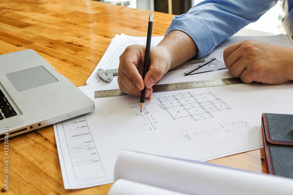 architect point at blueprint, architectural concept architect point at blueprint, architectural concept