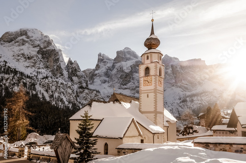 winter dolomites church sunset photo