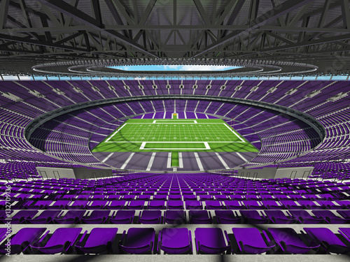 3D render of a round football stadium with purple seats for hundred thousand fans
