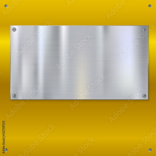 Shiny brushed metal plate with screws. Stainless steel banner on yellow polished background, vector illustration for you